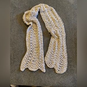 Beautiful crocheted scarf, buff tone with hint of sin, metallic yarn, 48”